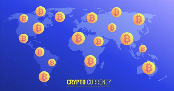 Weltkarte Mit Der Kryptowährung Bitcoin Blaue Farbverlaufsvektorillustration Mit Bitcoins Auf — Stockvektor