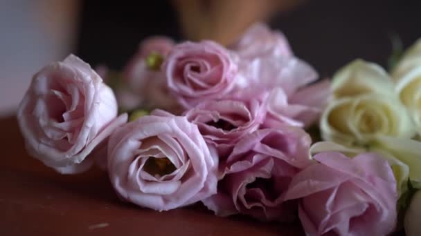 Růžový květ eustom zblízka s bokeh. Květinový obchod. — Stock video