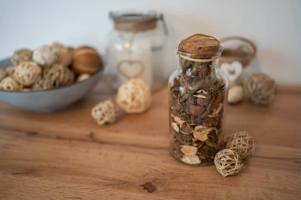 Potpourri Glass Bottle Wood Table Provides Relaxing Scent Celebration Wellness — Stock Photo, Image