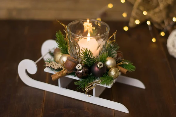Christmas Decoration Fir Sprig Candle Cones Berries Snow — Stock Photo, Image