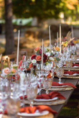 Çok güzel bir şekilde dekore edilmiş düğün tablo randevular plakaları ve peçeteler bahar bahçe içinde güzel bir dekor ile. Düğün günü masaya güzel çiçek. Zarif yemek masası.