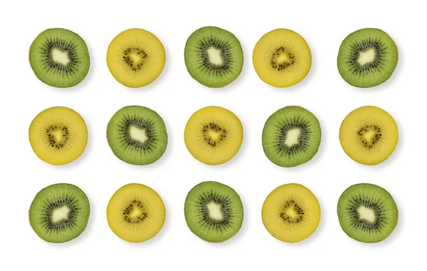 Wzór Plasterków Kiwi Tło Żywnościowe Żółte Zielone Kawałki Kiwi Wzór — Zdjęcie stockowe
