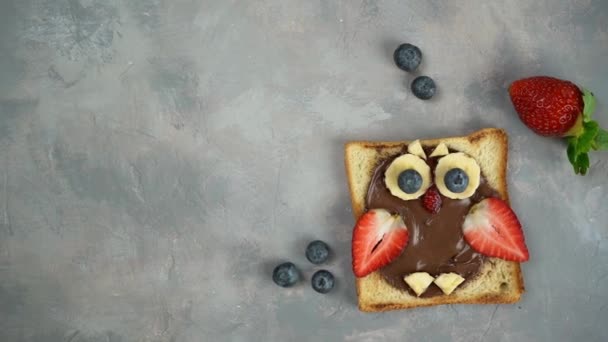 Desayuno para niños o almuerzo o bocadillo tostado con chocolate avellana propagación, plátano, fresa y arándanos en forma de búho lindo. — Vídeos de Stock