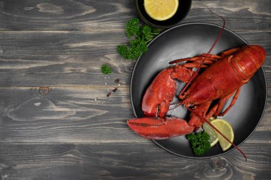 Istakoz, ahşap masadaki siyah tabakta limon dilimleriyle süslenmiş. Taze deniz ürünleri. Lüks yemekler..