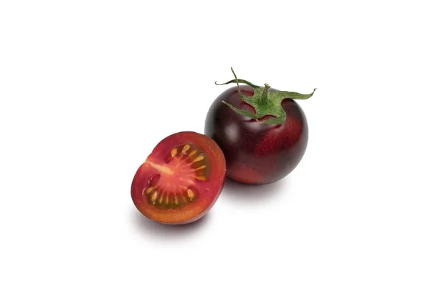 Three Black Tomatoes Cultivars Isolated White Background Various Shapes Tomatoes — Stock Photo, Image