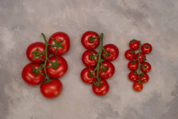 Um grupo de tomates diferentes em um fundo cinza escuro. — Fotografia de Stock