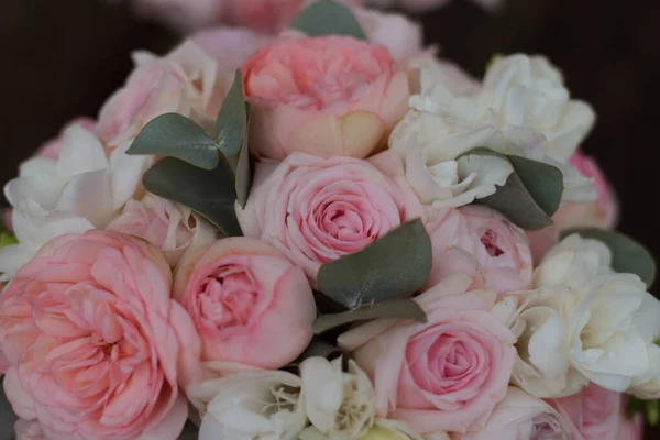 Pink Wedding Bouquet Composed Roses Freesias Hypericum Astilba Eucalypthus Isolated — Stock Photo, Image