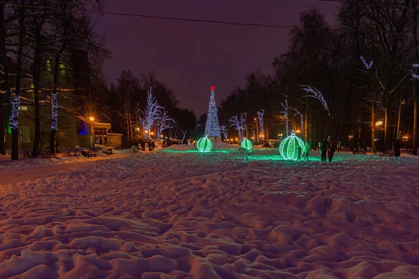 クリスマスツリーと明るい装飾が施された新年の公園 — ストック写真