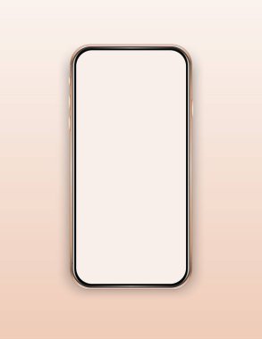 İzole edilmiş boş cep telefonu modeli. Bej arka planda altın telefon. Akıllı telefon şablonu.