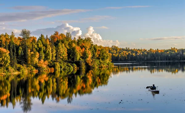 Kayaker Stops Admire Stunningly Beautiful Fall Colors Reflections Alaskan Lake Stock Photo