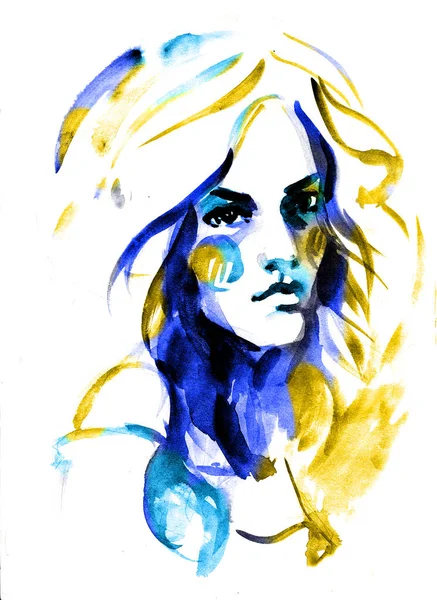 Hermosa Ucrania cara de mujer azul amarilla. ilustración de moda acuarela —  Fotos de Stock