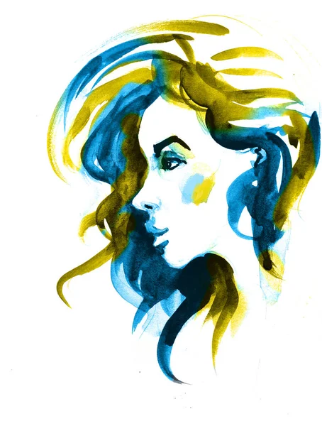 Beautiful Ukraine yellow blue woman face. fashion illustration watercolor — Foto Stock