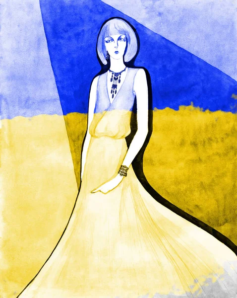 Ukraine yellow blue flag .Watercolo. Elegant lady. Vintage llustration .watercolor — Stok fotoğraf