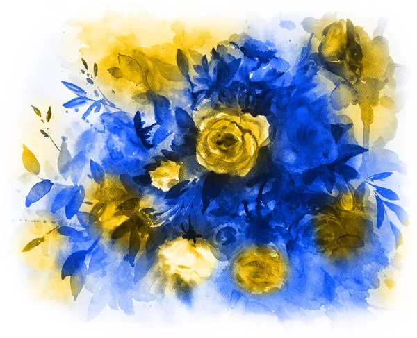 Yellow blue watercolors rose bouquet. Ukrainian flowers — стоковое фото