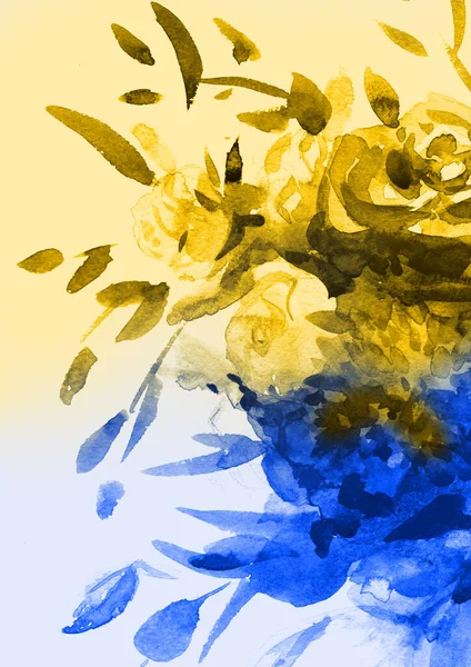 Yellow blue watercolors rose bouquet. Ukrainian flowers — Foto Stock