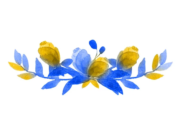 Oekraïense bloemen. geel blauw aquarellen Kleurrijk paars bloemenelement met bladeren en bloemen, tekening aquarel. — Stockfoto