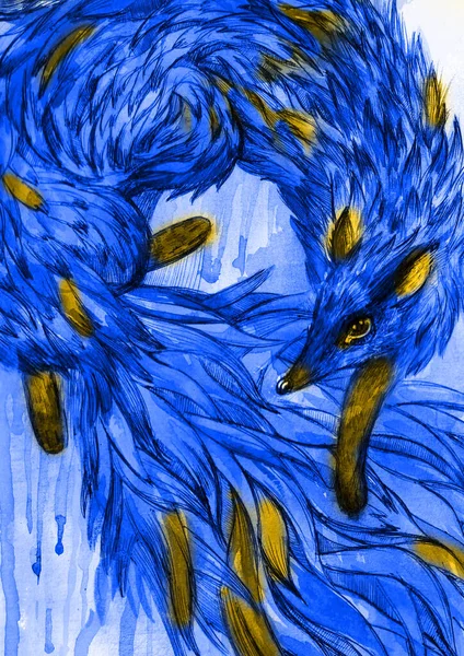 Žlutá modrá akvarely Ručně kreslená liška v akvarelu — Stock fotografie
