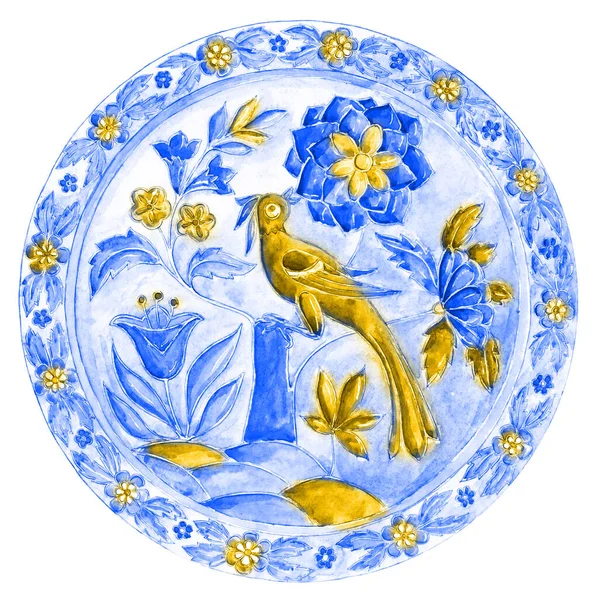 Ukrainian Decorative plate in Gzhel style. yellow blue Colorful Fabulous bird. painted ornament. Ukrainian flowers ornamental decor. — Foto Stock