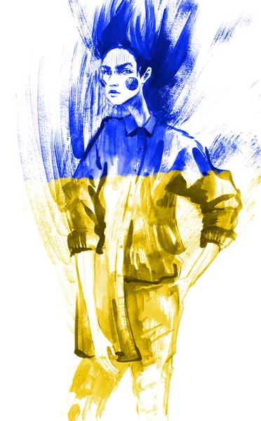 Güzel Ukraynalı kadın. Sarı mavi bayrak. Robot resim tarzındaki moda kızı. Suluboya çizimleri.. — Stok fotoğraf