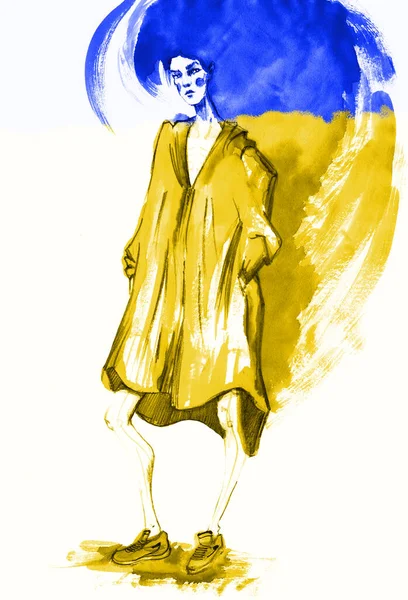 fashion sketch drawing girl with watercolor. model beautiful young woman.