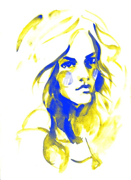 Ucrania Amarillo Azul Hermosa Cara Mujer Moda Pintada Mano Ilustración —  Fotos de Stock