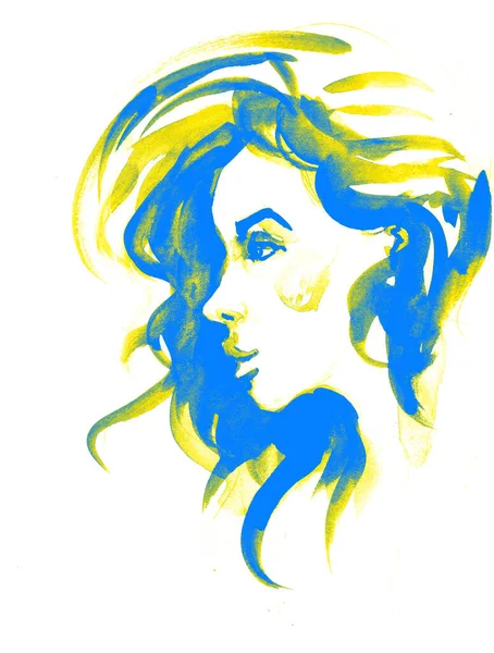 Ukraine Yellow Blue Beautiful Woman Face Hand Painted Fashion Illustration — Zdjęcie stockowe
