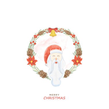 Mutlu noeller süslemesi ve altın çanlı suluboya Noel Baba