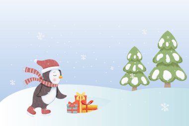 Hediyelerle suluboya sevimli penguen Mutlu noeller