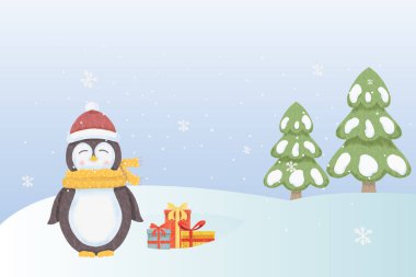 Tatlı penguenleri ve hediyeleri olan suluboya mutlu noeller