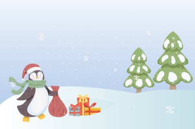 Tatlı suluboya penguenler hediyeler getirir Mutlu noeller