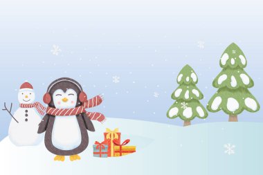 Hediyelerle suluboya sevimli penguenler Mutlu Noeller