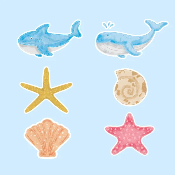 Aquarelle Ensemble Animal Mer Avec Style Autocollant Pour Pépinière Douche — Image vectorielle