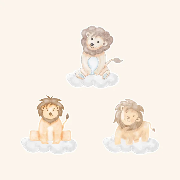 Illustration Aquarelle Lion Mignon Avec Autocollant Style Pépinière Baby Shower — Image vectorielle