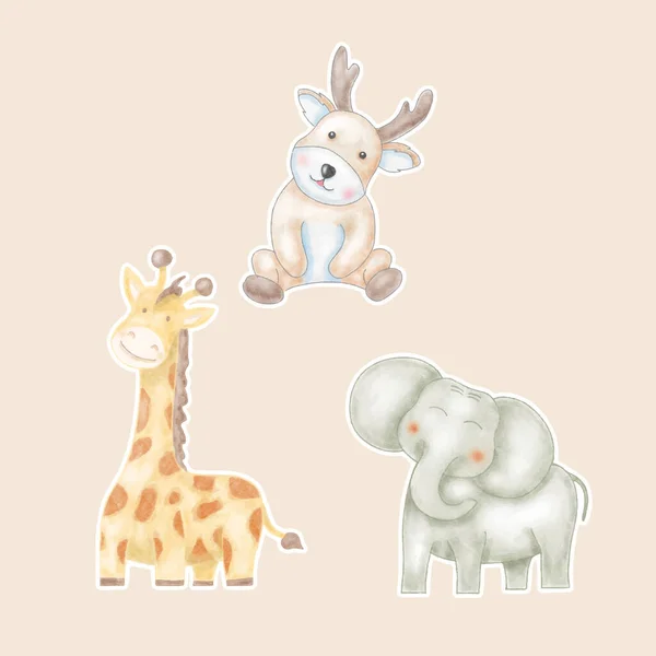 水彩画贴纸可爱的鹿长颈鹿和大象用于婴儿淋浴 — 图库矢量图片