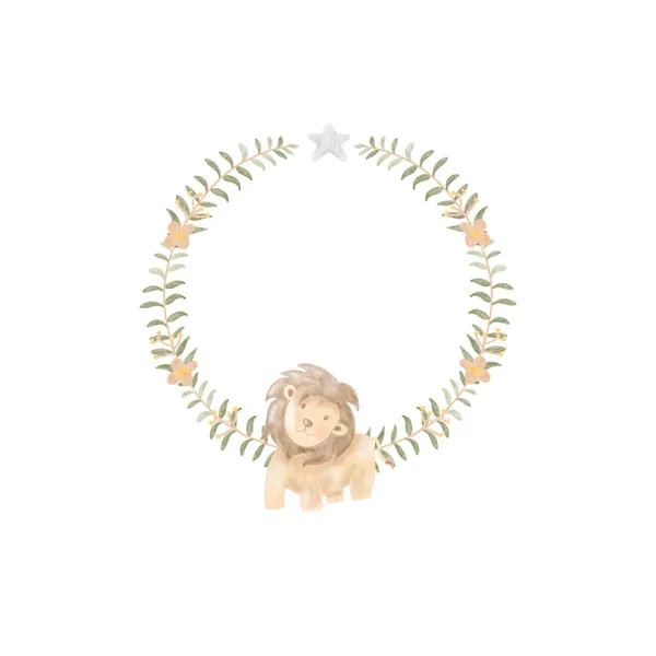 Illustration Aquarelle Lion Mignon Avec Cadre Floral Pour Crèche Douche — Image vectorielle
