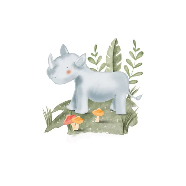 Illustration Aquarelle Mignon Rhinocéros Pour Crèche Douche Bébé — Image vectorielle