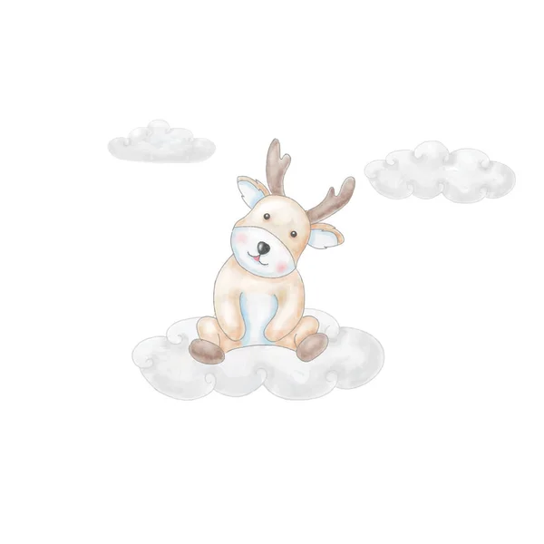 Illustration Aquarelle Cerf Mignon Avec Nuage Pour Crèche Douche Bébé — Image vectorielle