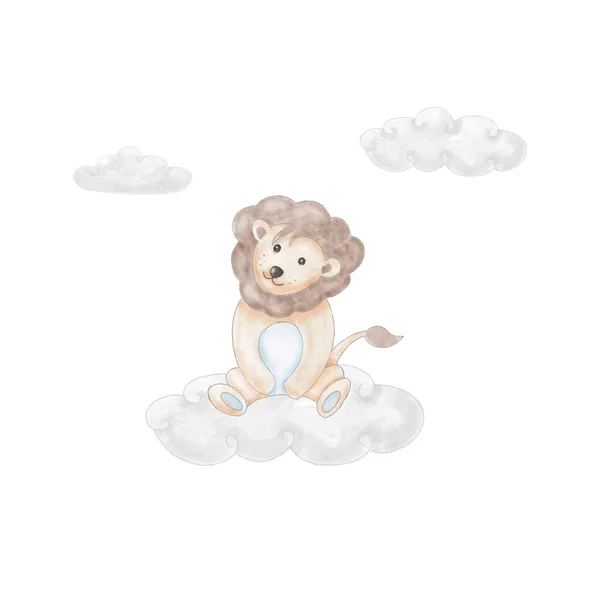 Illustration Aquarelle Lion Mignon Avec Nuage Sur Ciel Pour Crèche — Image vectorielle