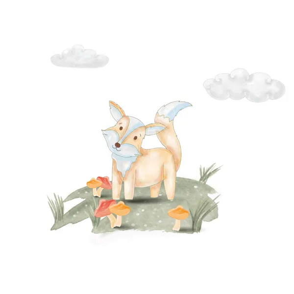 水彩画中可爱的狐狸带着云彩给宝宝洗澡 — 图库矢量图片