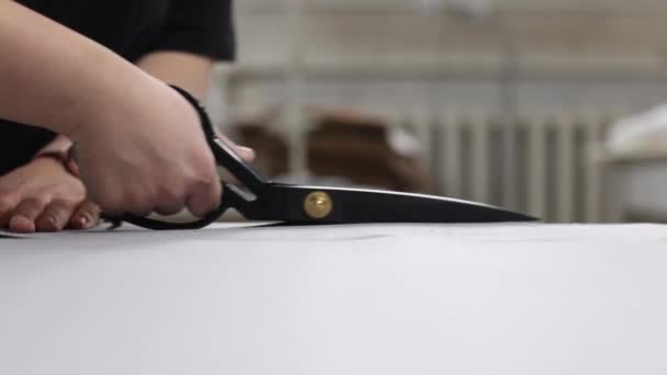 Zbliżenie krawcowej części tkaniny z nożyczkami w warsztacie szycia — Wideo stockowe