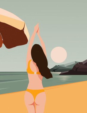 Retro postcard. Girl enjoying beautiful sunset on the beach. Summer time. Flat vector illustration