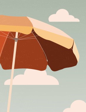 Umbrella. Summer time. An umbrella on the background of the sky with clouds. Retro postcard. Vector illustration