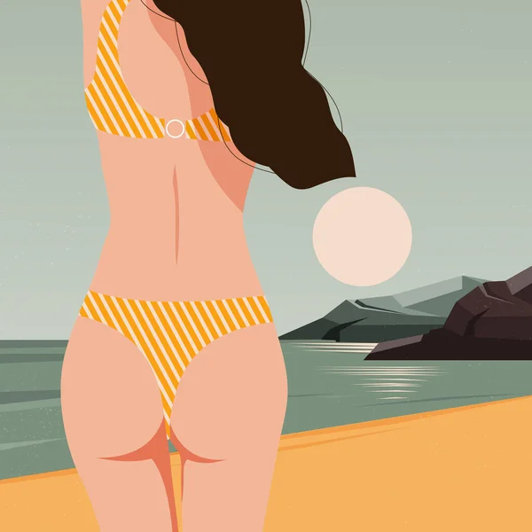 Girl Enjoying Beautiful Sunset Beach Summer Vacation Illustration Flat Vector — Stock Vector