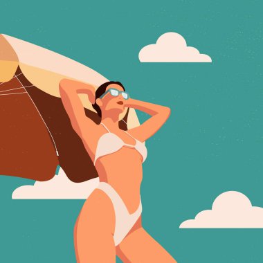 Retro postcard. The girl is sunbathing in the sun. Flat vector illustration