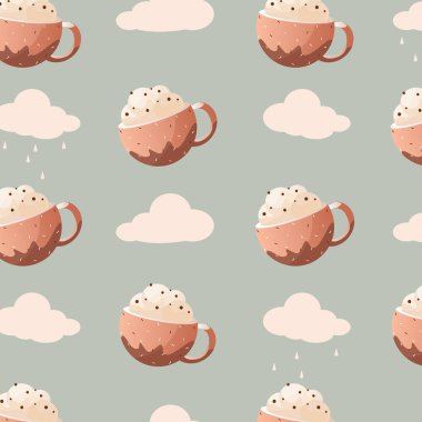 Autumn pattern on the background with clouds. Hot cocoa with ice cream on the background. Vector illustration. For a gift, packaging, wallpaper, wrapping