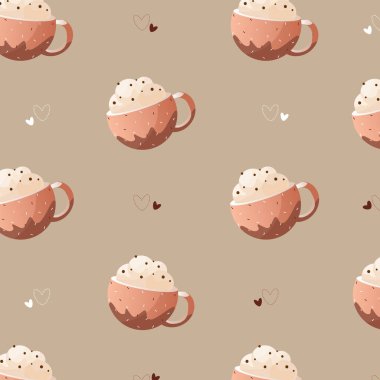 Cocoa pattern on a background with hearts. Autumn vector pattern. For a gift, packaging, wallpaper, wrapping