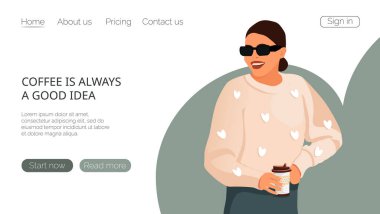 A woman drinks coffee. Coffee shop, break, cafe-bar, coffee lover concept. Vector illustration for poster, banner, website