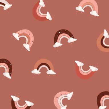 Sıcak bir arka planda bulutlu gökkuşağı deseni. Hediye kağıdı, dekor ve tekstil için minimal tasarım