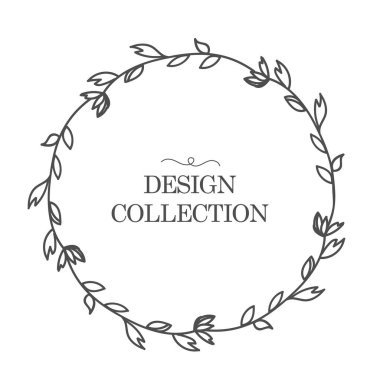 Yapraklı ve dallı çiçek çelengi. Sevgililer Günü için tebrik kartı şablonu. Yuvarlak çerçeve beyaz arka planda izole edilmiş. Düğün davetiyeleri, kartpostallar, posterler, kozmetik etiketleri ve parfümler için.. 