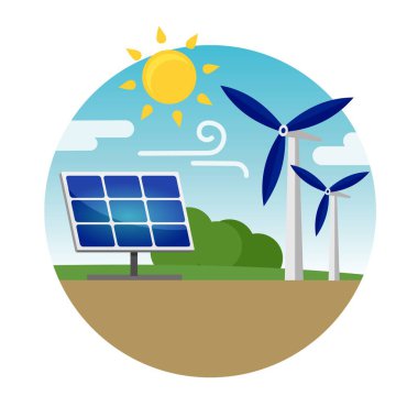 Yenilenebilir güneş ve rüzgar kaynaklarından temiz alternatif enerji. Güneş panelleri ve rüzgar türbinleri. Vektör illüstrasyonu.